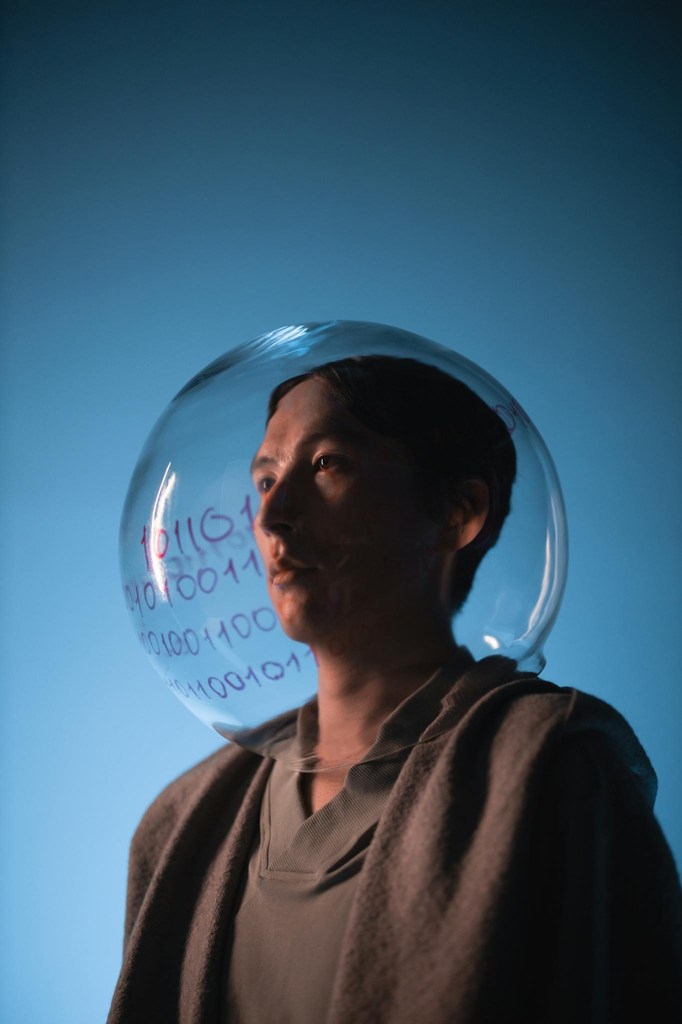 An artistic portrait with a transparent sphere and binary code on a blue background.